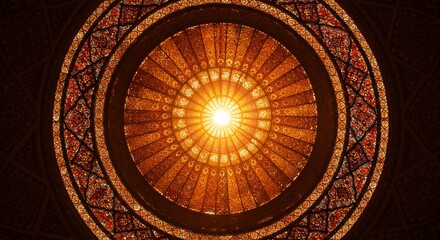 Radiant Stained Glass Dome with Central Sunburst Pattern and Intricate Border