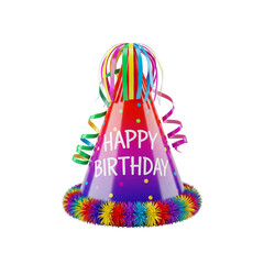A vibrant birthday party hat with colorful streamers and pompoms, isolated on transparent background