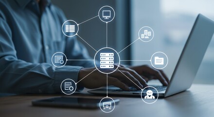 Person working on a laptop, connected to a network of data icons