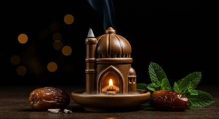 Ramadan Kareem: Mosque Incense Burner with Dates and Mint on Dark Background