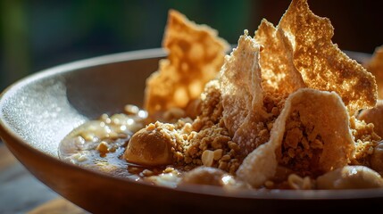 Colorful bowl of dessert featuring crispy toppings and a mix of textures against a blurred background