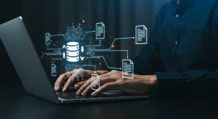 Person working on a laptop with data transfer concept