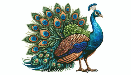 Obraz premium Beautiful blue and green peacock with colorful feathers isolated on white