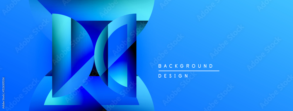 Poster Abstract blue design features layered geometric shapes. Gradient hues create depth, modern aesthetic. Text reads background design.