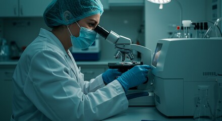 Scientist examines sample under microscope in a sterile laboratory environment