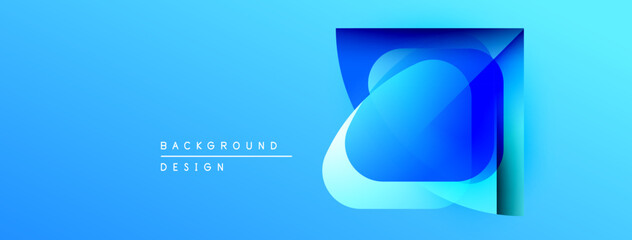 Bright blue background features abstract square design. Layered shapes create depth, modern aesthetic. Minimalist style, clean presentation.