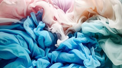Abstract pastel color fabric drapes, translucent cloth layers forming smooth waves, light blue, pink and beige flowing textile background - Powered by Adobe