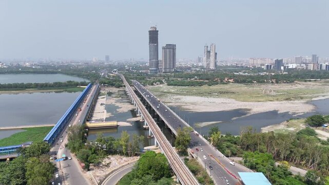 An Aerial Shot of Kalindi Kunj Bridge in Delhi, NCR, India
