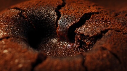 Obraz premium Close-up of a cracked chocolate dessert showcasing rich textures and glistening surface details