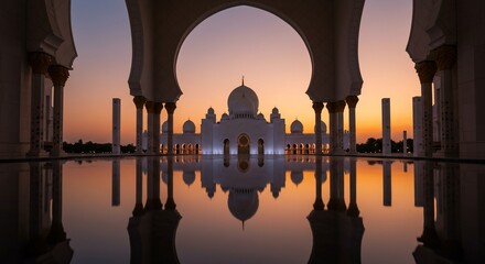Sheikh Zayed Mosque reflected in water at sunset, framed by archway