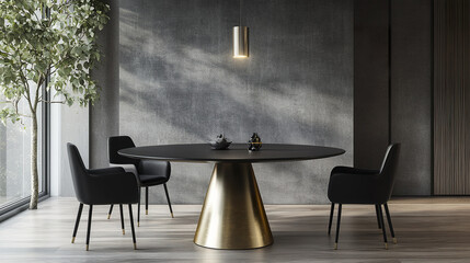Modern dining room with black round table and gold pedestal, creating elegant atmosphere