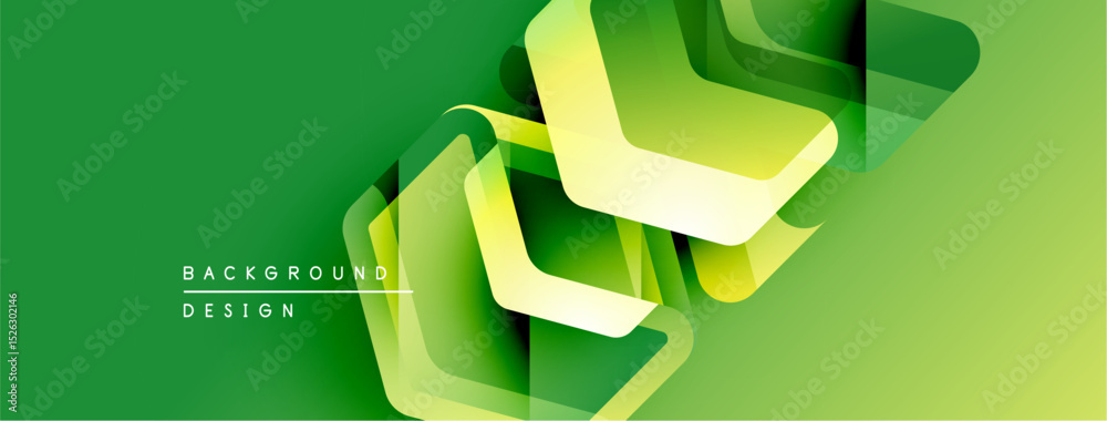 Poster Abstract green background features layered ribbons, creating dynamic visual effect. Text reads background design. Modern, vibrant composition.