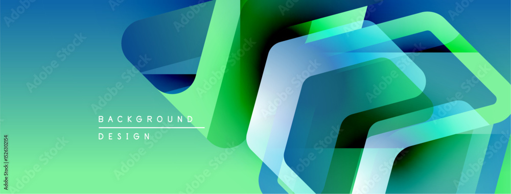 Poster abstract geometric shapes overlap, creating vibrant blue, green gradients. modern design elements su