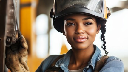 American female welder smiling confidently with gear in hand, isolated on white,