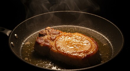 Sizzling Pork Chop: Golden Brown Perfection in a Hot Pan with Steaming Aroma