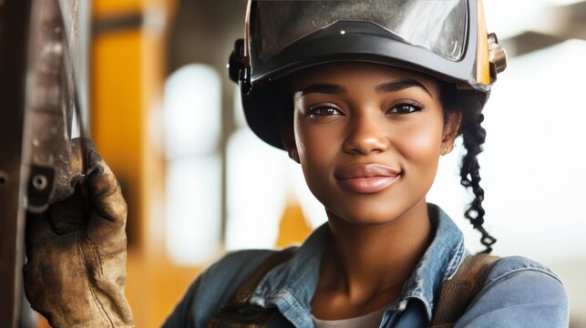 American female welder smiling confidently with gear in hand, isolated on white,