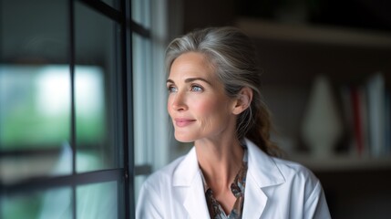 Fototapeta premium Contemplative mature female doctor woman with elegant features looking through window, in white lab coat, day dreaming