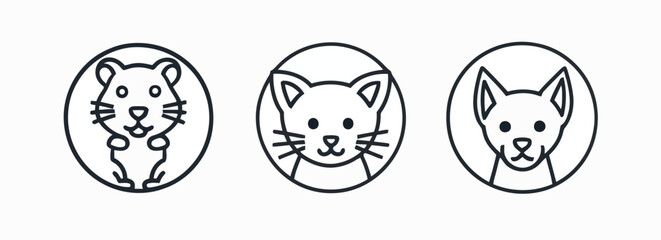 Obraz premium Isolated Set of Rodent, Cat and Dog Head Outlines Inside Circular Frames