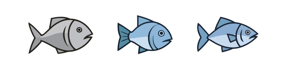 Cartoon Fish Icons Showing Seafood in Different Light Blue and Gray Color Variations