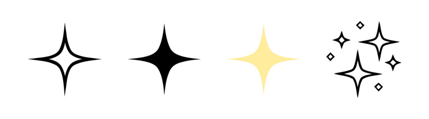 Four Sparkle Elements, Single Black Star, Outline Star, Many Stars Icon Isolated on White