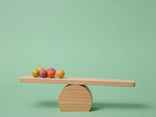Balanced Diet. Colorful Fruits on a Wooden Seesaw, Concept of Healthy Food, Diet.