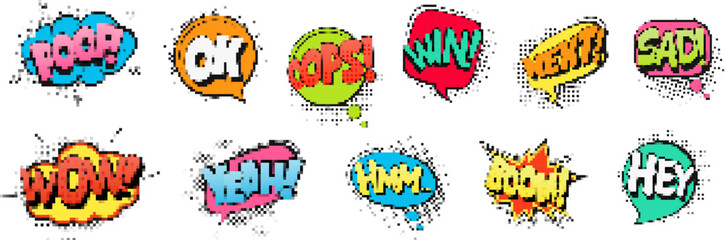 Pixel art speech bubbles with words like wow and oops in a comic mosaic style.