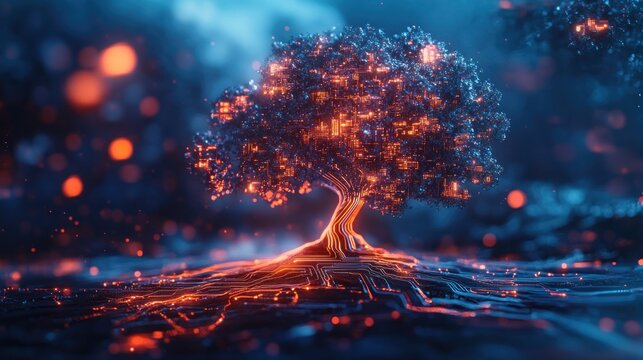 Futuristic tree with digital cityscape in glowing lights
