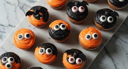 Spooky Halloween Cupcakes with Googly Eyes and Bats on Marble Surface