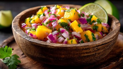 Fresh Mango Salsa in a Wooden Bowl with Lime and Cilantro