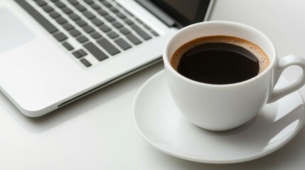 Business planning tools flat lay: laptop, tablet, coffee cup on white background