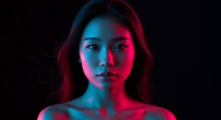 Striking portrait of a young Asian woman illuminated by vibrant pink and blue neon lights