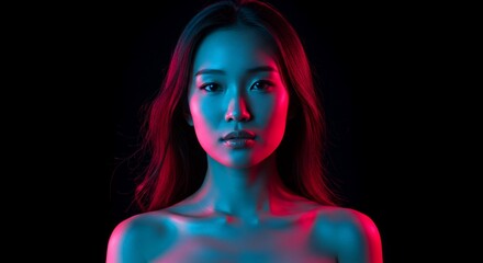Striking portrait of an Asian woman illuminated by vibrant red and blue neon lights
