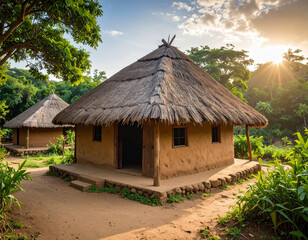 A traditional mud hut with a thatched roof stands in a rural setting, representing authentic village life and architecture.