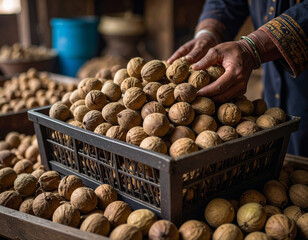 Locally harvested shea nuts are piled, showcasing the raw material for traditional skincare products and oils.