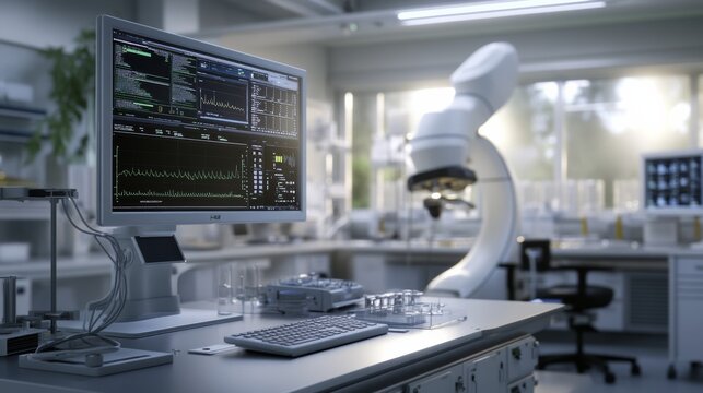 Clinical trial data processing shown on high-tech research platform,