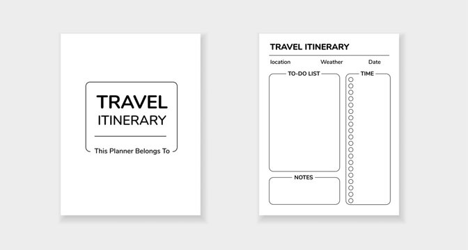 Travel itinerary template featuring sections for to do list, notes, location, weather, and time.