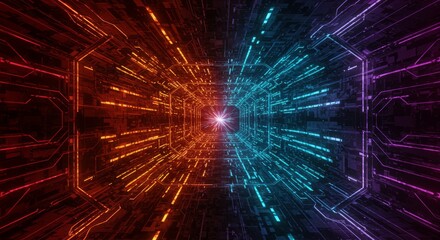 Symmetrical tunnel with red, blue, and purple circuit patterns leading to bright white light