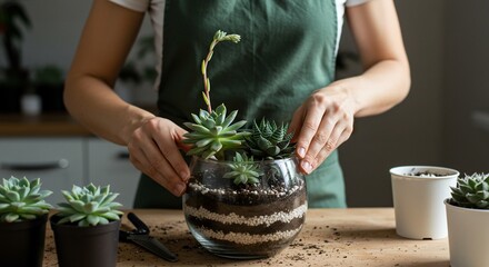 Succulent Terrarium Creation: Hands Arranging Plants in Layered Glass Bowl