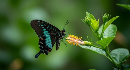 Blue Black Butterfly on Yellow Hibiscus Flower