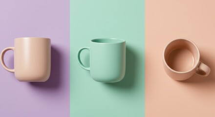 Three pastel-colored mugs on a colorful background