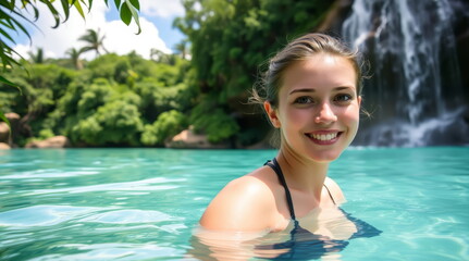 woman in swimsuit swims near waterfall on island in summer