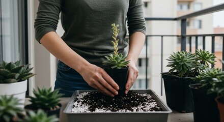 Woman potting succulent with flower stalk on balcony, urban gardening concept
