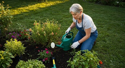 Woman kneeling watering flowers in garden with green watering can