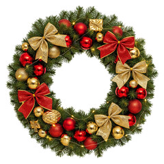 Festive christmas wreath adorned with red and gold ornaments, bows, and twinkling lights, isolated on transparent background