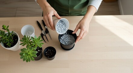 Woman's hands pouring perlite into a black pot for succulent plants on a wooden table