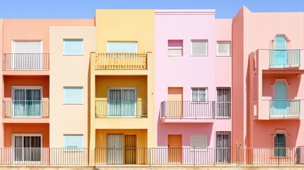 Fototapeta premium Vibrant row of multi-colored apartment buildings with pastel hues of peach, yellow, and pink under a clear blue sky. Featuring multiple levels, balconies with green and blue metal railings, sliding gl