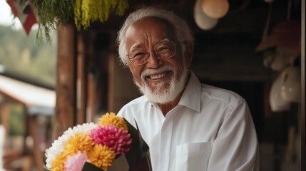 Elderly retiree smiling with bouquet in hand, joyful expressions, farewell event behind,