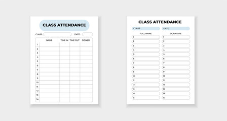 Form template for recording class attendance, with columns for names and signatures for tracking attendance.