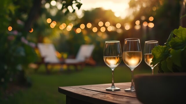 Elegant garden party for retiree with fairy lights, wine glasses, happy conversations,