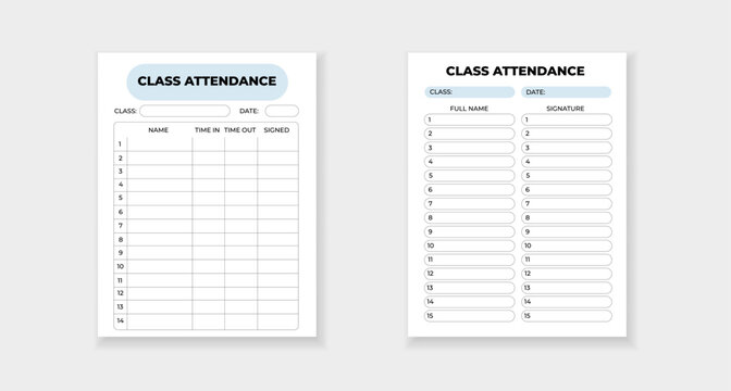 Form template for recording class attendance, with columns for names and signatures for tracking attendance.